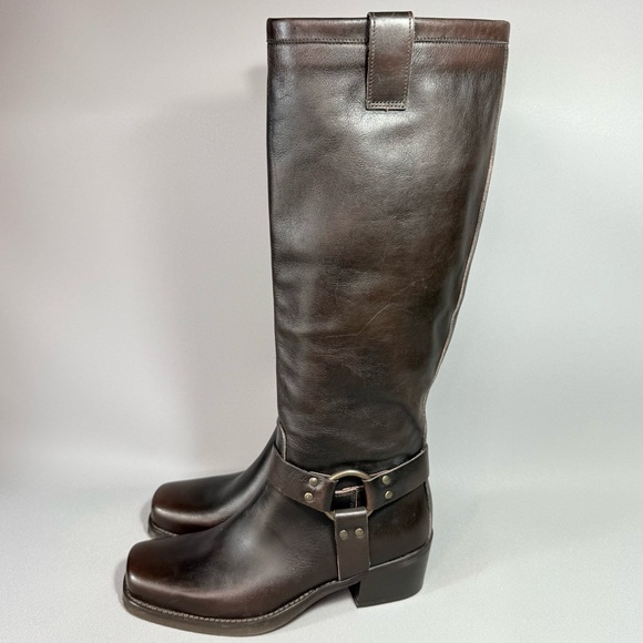 SUNDANCE Innsbruck Chocolate Brown Leather Knee-High Harness Moto Boots,New Products : American Fashion Style Bags On Sale